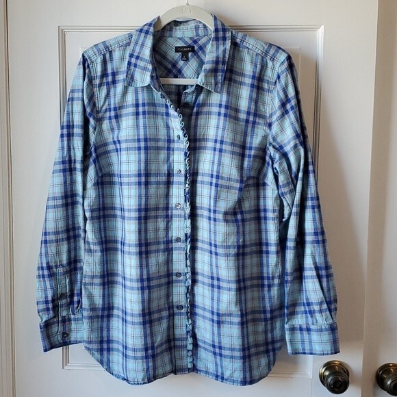 TALBOTS PLAID RUFFLE FLANNEL BUTTON UP SHIRT COLLAR BLUE GRAY SPRING SIZE LARGE - Picture 1 of 9